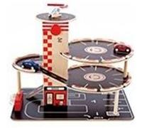 HaPe International – Garage en bois – 4 niveaux – 2 voitures et 1 hélicoptère inclus – Rouge et noir
