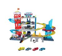 Garage Majorette à double piste avec 4 véhicules - Parking avec ascenseur, double piste de course, 4 niveaux, 40 places de stationnement, ensemble de petites voitures en métal, pour les collectionneur
