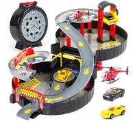Garage parking pliable pour enfants avec 2 voitures, hélicoptère et station-service avec lavage (KP2819)