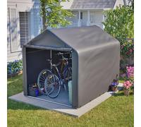 Garage pour vélo 160 × 220 × 165 cm, PE, porte roulante, 2 ouvertures | Pour vélos, vélos électriques et outils de jardin ; avec cadre tubulaire en acier, toit trapézoïdal et 8 piquets de sol.
