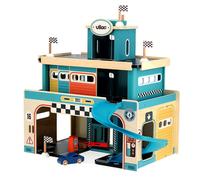 Vilac – Garage en bois Vilacity vintage – 1 voiture, 4 drapeaux – 46x29x45 cm