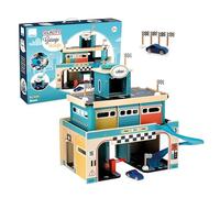 Garage en bois - VILAC - Garage en bois vintage Vilacity - 1 voiture en bois - 4 drapeaux - 46x29x45 cm