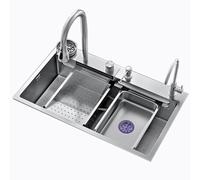 GArcan Évier de Cuisine Cascade avec gaufrage de Grains de Riz évier Simple en Acier Inoxydable 304, Drainage de Lavage et évier Utilitaire avec Robinet extractible (Couleur : A, Taille : 68 x 45 c