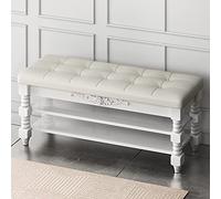 GArcan Pouf Vintage en Bois Massif avec Sièges Tuftés à 3 Niveaux en Cuir Banc de Rangement de Grande Capacité Étagère à Chaussures pour Entrée de Chambre à Coucher Salon-Blanc a 90x30x48cm(35x12x1