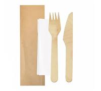 García de Pou 100 Unités - Set 3/1 Fourchette, Couteau, Serviette 'Makan' 16 cm Naturel Bois