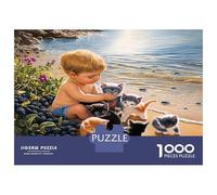 Garçon Chat Plage Baie 1000 Pièces Puzzle Adultes Joie des chatons côtiers Puzzle Carton Recy oup De Cœur Des Familles, Activité De Fête, Cadeau Anniversaire Et Pause Bureau Cool 52x38cm/1000pcs