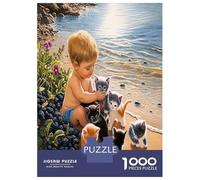 Garçon Chat Plage Baie 1000 Pièces Puzzle Joie des Chatons côtiers Puzzle Premium Carton Solide - DIY Familial Amusant, Belle Déco, Cadeau D’Anniversaire Parfait pour Les Enfants 70x50cm/1000pcs