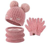 Garcon Fille Hiver Chaud Tricoter Bonnet Echarpe Gants Tactiles Ensemble pour 3-10 Ans Enfant avec Doublure Polaire Pompon, Rose