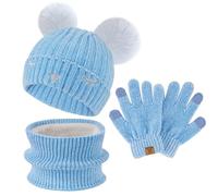 Garcon Fille Hiver Chaud Tricoter Bonnet Echarpe Gants Tactiles Ensemble pour 3-10 Ans Enfant avec Doublure Polaire Pompon, Bleu