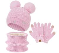 Garcon Fille Hiver Chaud Tricoter Bonnet Echarpe Gants Tactiles Ensemble pour 3-10 Ans Enfant avec Doublure Polaire Pompon, Rose Violet