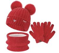 Garcon Fille Hiver Chaud Tricoter Bonnet Echarpe Gants Tactiles Ensemble pour 3-10 Ans Enfant avec Doublure Polaire Pompon, Rouge