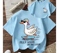 Garçon préadolescent - T-shirt imprimé de dessin animé amusant "Silly Goose" avec oie de skateboard, tissu doux et confortable, convient pour les sports de plein air des garçons, le port quotidien, le