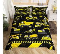 Garçons Construction Chantier Voiture Parure de Lit 140x200cm Pelle Camion Parure Housse de Couette Machinery Voitures Véhicules Housse de Couette Rétro Jaune Noir Chambre Décor Collection
