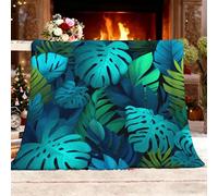 Garçons Filles Plaids Polaire 150x200 cm Empreinte de Feuille de Plante Moelleuse Couverture Plaid pour Canapé et Lit, Bleu-Vert Décorative Couverture Lit 2 Personnes en Flanelle Douce et Chaude