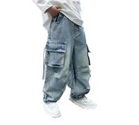 Garçons Jeans Jambe Large Mode Baggy Jean Élastique Taille Pantalon en Denim avec Poches pour Enfants Doublé Polaire pour Garçon, Pantalons Thermique d'Hiver Épais et Chaud (Blue, 5-6 Years)