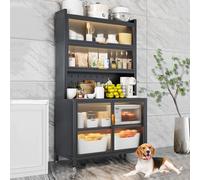 Garde-manger de cuisine de 70 cm de haut avec portes et 6 étagères, armoire de rangement en métal, buffet de cuisine noir avec 12 crochets pour économiser de l'espace
