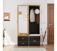 Garde-robe avec armoire à chaussures 100 x 38 x 180 cm, ensemble de garde-robe avec miroir, armoire avec 2 crochets et tringles. Meubles de couloir pour l'entrée (noir + couleur bois)