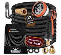 GARDEBRUK® Tuyau d’Arrosage Extensible 30 m Noir- Pistolet Multijets 8 Modes, Raccords Laiton Anti-Fuite, Flexible Latex Triple Épaisseur, Résistant 12 Bars, Enrouleur Léger pour Jardin & Terrasse