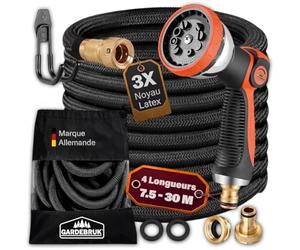 GARDEBRUK® Tuyau d’Arrosage Extensible 7,5 m Noir- Pistolet Multijets 8 Modes, Raccords Laiton Anti-Fuite, Flexible Latex Triple Épaisseur, Résistant 12 Bars, Enrouleur Léger pour Jardin & Terrasse