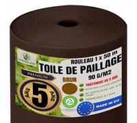 GARDELAND Toile de Paillage Marron Géotextile Non Tisse -Premium 5 Ans Protection UV- Rouleau de 50 Mètre x 1 Mètre -Toile Anti Mauvaises Herbes 90gr/m2 - NE S'EFFILOCHE Pas à la Coupe Fabriqué en UE