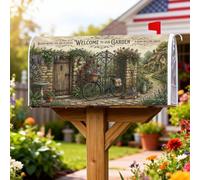 Garden Gate Cottage Housse magnétique pour boîte aux lettres 45,7 x 53,3 cm | Vélos vintage, couvercle de boîte aux lettres, mur de pierre, accents floraux, paysage de chalet, décoration de cour