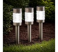 Garden Mile Éclairage de jardin à LED à énergie solaire en acier inoxydable avec piquet pour extérieur, bordure, terrasse, résistant aux intempéries (3 bornes Martello)