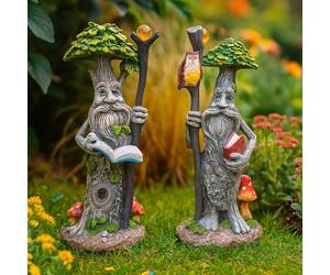 Garden Mile Lot de 2 Statues de Jardin en Résine Imperméable de 22 cm avec Effet Pierre Traditionnel, Figurines Féériques avec Nains pour Décoration Extérieure