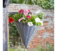 Garden Mile® Panier de fleurs conique à suspendre de 35,6 cm - Pot de fleurs d'extérieur en rotin gris avec chaîne - Pot de fleurs pré-doublé à suspendre au mur pour fleurs, terrasse, balcon, clôture