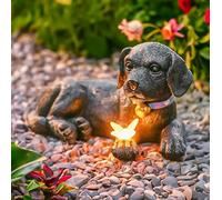 Garden Mile Statue de chien solaire avec papillon en résine imperméable à l'eau - Décoration de jardin pour terrasse