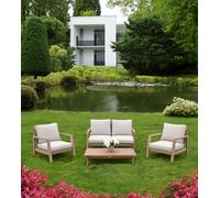 Garden Pleasure Ensemble de salon SAN MATEO, Eucalyptus / Polyrattan / Coussins 100 % polyester Beige