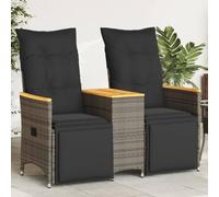 Garden Sofa Set 2 Seater with Table, Adjustable Reclining Outdoor Lounge Chair, Grey Poly Rattan Patio Furniture for Balcony Terrace, Weather-Resistant with Thick Cushions and Central Table