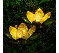 Garden Solar Lights Outdoor (2pack), Amber Crackle Globe Glass Lotus Decoration, Flower Flower Flower à LED en métal Orange imperméable pour Le Patio, la pelouse, la passerelle, la Table, Le Sol, Les