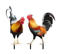 Garden Stakes, Support Sticks, Interactive Metal Rooster Design Set of 2 Figures Ornaments, Plant Rods for Outside Decorations, Patio, Walkway, Lawn, Yard, 9.84x4.25in and 8.35x6.57in