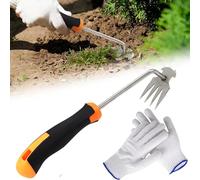 Gardena Désherbeur manuel avec manche en caoutchouc, désherbeur de qualité supérieure, 4 dents avec gants en coton, outil de jardinage