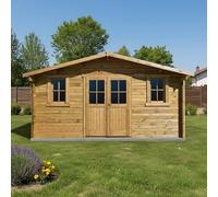 Gardy Shelter Abri de Jardin Bois Massif Traité 16m² | Toiture Voliges 20mm, Double Porte, 2 Fenêtres, Traitement Marron | Kit Fondation, Résistant Intempéries
