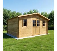 Gardy Shelter Abri de Jardin Bois Massif Traité 19,8m² | Double Porte Semi-Vitrée, Fenêtres Ouvrantes, Toiture Bois 20mm | Marron, Kit Anti-Tempête Inclus