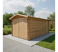 Gardy Shelter Garage en Bois Massif 14,84m² | Traitement Insecticide et Fongicide | Toit Voliges 20mm | Double Porte | Marron