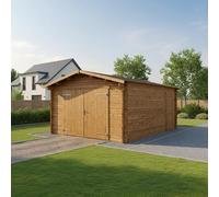 Gardy Shelter Garage en Bois Massif Traité 40mm | 19,82m² avec Système Anti-Tempête | Double Porte et Toit en Pente | Résistant aux Intempéries - Marron