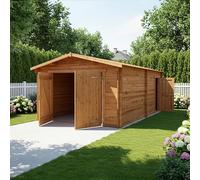 Gardy Shelter Garage en Bois Massif Traité 40mm | 20,35m² avec Système Anti-Tempête | Double Porte et Toit en Pente | Résistant aux Intempéries - Marron