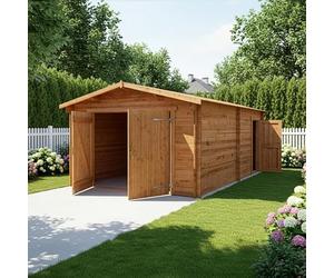 Gardy Shelter Garage en Bois Massif Traité 40mm | 20,35m² avec Système Anti-Tempête | Double Porte et Toit en Pente | Résistant aux Intempéries - Marron