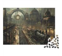 Gare Steampunk, Rue Steampunk colorée avec Train, Puzzle de 1000 pièces pour Adultes, activité Amusante pour Les Jours de Pluie, 38 x 26 cm.