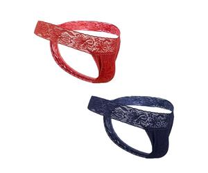 GAREDOB Lot de 2 strings sexy en dentelle douce et confortable pour homme Taille S à 4XL, Lot de 2 - bleu marine rouge, Small