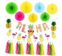 GARIOUANS Décorations Fête Hawaïenne avec Bannière Flamingo Éventails Papier Ananas et Pompons Colorés Ensemble Suspendu pour Ambiance Tropicale