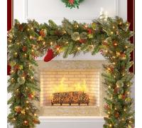 Garland de Noël avec des lumières, 1, 8 m 30 LEDs allumez Une Guirlande Artificielle de Noël avec des cônes en pin et Baies Rouges, guirlandes à Piles pour Le Manteau décorations intér