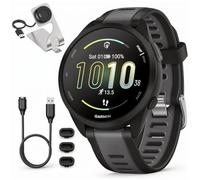 Garmin 010-02863-20 Montre de sport intelligente Forerunner 165, noir + gris ardoise avec station de charge Deco Essentials, 3 coques anti-poussière en silicone et câble de charge et de