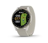 Garmin Approach® S50 Montre intelligente GPS de golf avancée, écran AMOLED, fonctionnalités sur le terrain, fréquence cardiaque au poignet, lunette en aluminium doré crème avec bracelet en nylon
