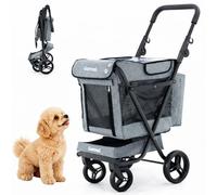 GARMOL Jumbo Pet Chariot pour animaux de compagnie pliable 66 l jusqu'à 8 kg | 4 roues avec 2 pivotants, capote transparente imperméable, sac 9 l et plateau 6 L | Chariot pour chiens de petite et