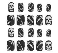 Garneck 24 Pièces Ongles à Pression Halloween Courts Noirs en Plastique avec Motifs Crâne, Couverture Complète et Style Gothique pour Sorties Nocturnes