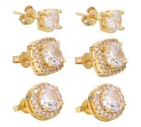 Garneck 3 Paires Ensemble 3 Paires de Boucles d'Oreilles Puces Dorées en Zircone Cubique, Clous Ronds et Carrés pour Oreilles Percées, Petites Boucles Mignonnes pour Adolescentes et
