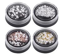 Garneck 4 Boîtes de Perles pour Nail Art, Perles Rondes Blanches 3d, Billes en Acier Doré et Argenté, Accessoires de Manucure Soi-même, Décorations Ongles pour Femmes et Filles, Kit Nail